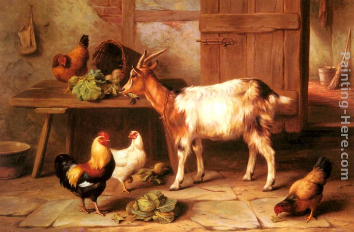 Goat and chickens feeding in a cottage interior painting - Edgar Hunt Goat and chickens feeding in a cottage interior art painting
